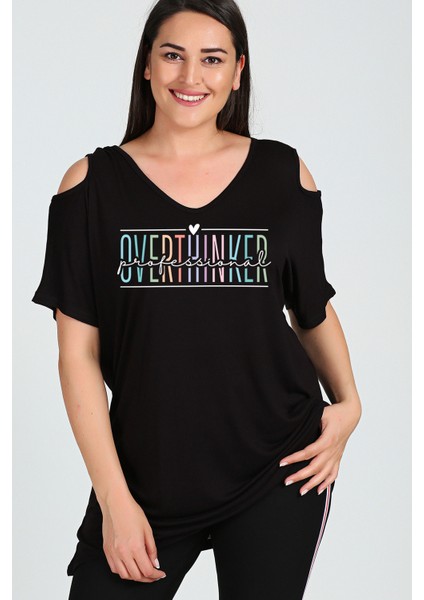 Büyük Beden Overthinker Baskılı Omuzu V Pencere Kısa Kol Bluz