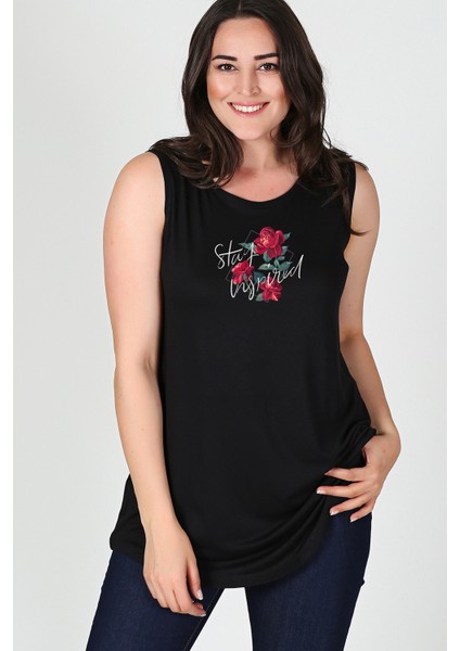 Büyük Beden Stay Inspired Baskılı Kolsuz Viskon Basic Bluz