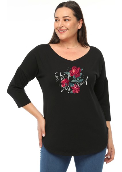 Büyük Beden Stay Inspired Baskılı Geniş V Yaka Yarım Kol Oval Yırtmaç Bluz