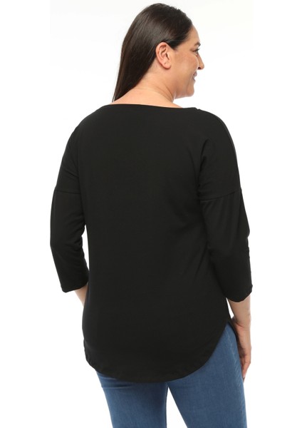 Büyük Beden Stay Inspired Baskılı Geniş V Yaka Yarım Kol Oval Yırtmaç Bluz fiyatları