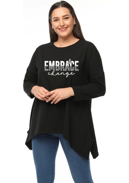 Büyük Beden Embrace Change Baskılı Uzun Kol Yırtmaçlı Bluz