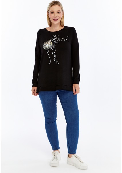 Büyük Beden Breathe Baskılı Fermur Yırtmaç Detaylı Yumuşak Dökümlü Kumaş Reglan Kol Sweashirt modelleri