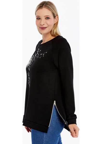 Büyük Beden Breathe Baskılı Fermur Yırtmaç Detaylı Yumuşak Dökümlü Kumaş Reglan Kol Sweashirt indirimleri