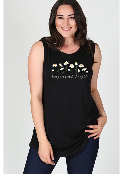 Büyük Beden Daisies Baskılı Kolsuz Viskon Basic Bluz