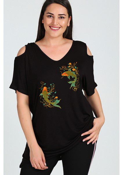 Büyük Beden Koi Fish Baskılı Omuzu V Pencere Kısa Kol Bluz