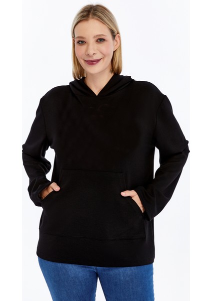 Büyük Beden Kapşonlu Cepli Yumuşak Dökümlü Kumaş Sweatshirt