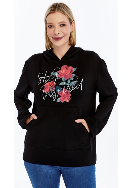 Büyük Beden Stay Inspired Baskılı Kapşonlu Cepli Yumuşak Dökümlü Kumaş Sweatshirt
