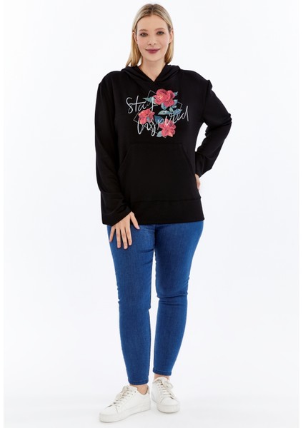Büyük Beden Stay Inspired Baskılı Kapşonlu Cepli Yumuşak Dökümlü Kumaş Sweatshirt modelleri