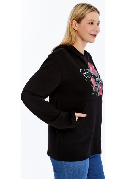 Büyük Beden Stay Inspired Baskılı Kapşonlu Cepli Yumuşak Dökümlü Kumaş Sweatshirt indirimleri