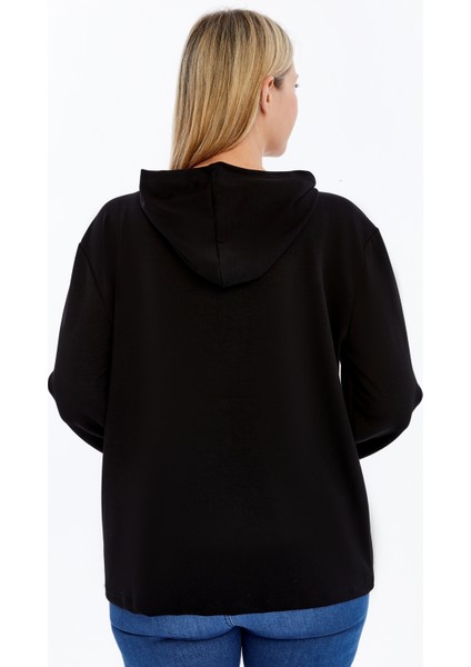Büyük Beden Stay Inspired Baskılı Kapşonlu Cepli Yumuşak Dökümlü Kumaş Sweatshirt