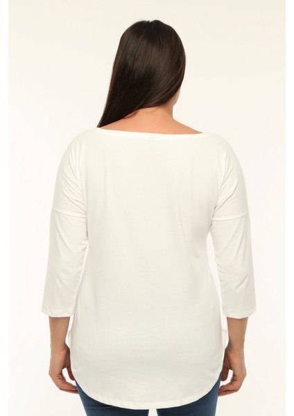 Büyük Beden Tavuskuşu Baskılı Geniş V Yaka Yarım Kol Oval Yırtmaç Bluz fiyatları