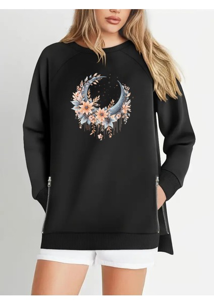 Büyük Beden Boho Hilal Baskılı Fermur Yırtmaç Detaylı Yumuşak Dökümlü Kumaş Reglan Kol Sweashirt