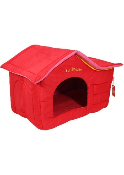 Kırmızı Kadife Çatılı Kedi ve Köpek Evi, Şık ve Rahat Iç Mekan Tasarımıyla.