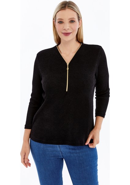 Büyük Beden Fermuarlı Uzun Kol Huvis Kumaş Bluz