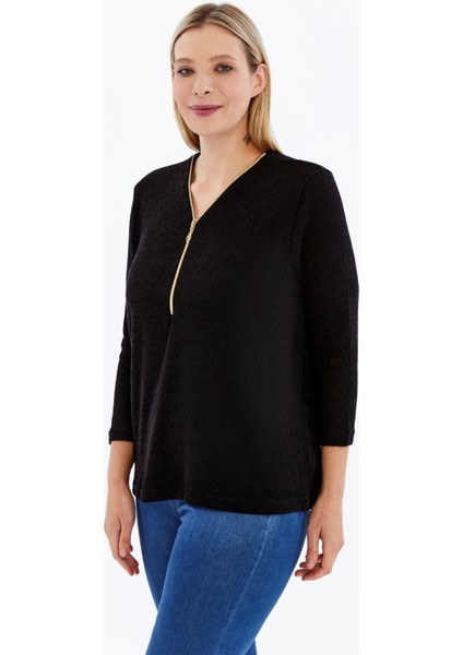 Büyük Beden Fermuarlı Uzun Kol Huvis Kumaş Bluz fırsatları