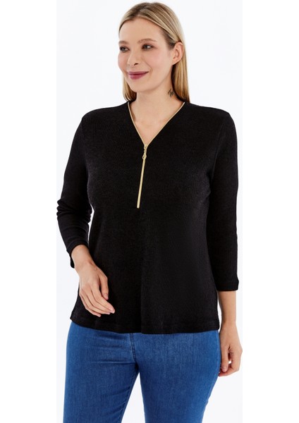 Büyük Beden Fermuarlı Uzun Kol Huvis Kumaş Bluz indirimleri