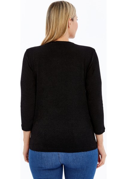 Büyük Beden Fermuarlı Uzun Kol Huvis Kumaş Bluz