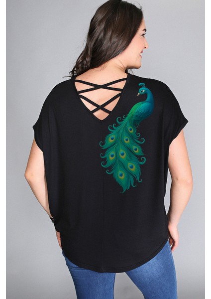 Büyük Beden Tavuskuşu Baskılı Sırt Çapraz Kısa Kol Bluz