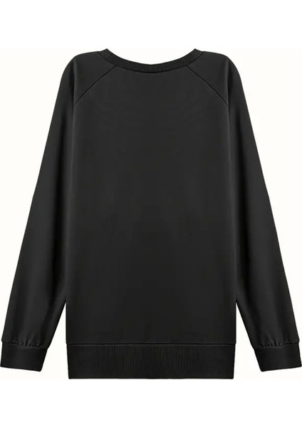 Büyük Beden Sembol Baskılı Fermur Yırtmaç Detaylı Yumuşak Dökümlü Kumaş Reglan Kol Sweashirt modelleri