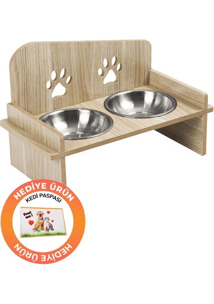 Ahşap ve Metal Malzemeli Kedi Köpek Mama ve Su Kabı Seti, Kahverengi Renkli, Dayanıklı ve Şık