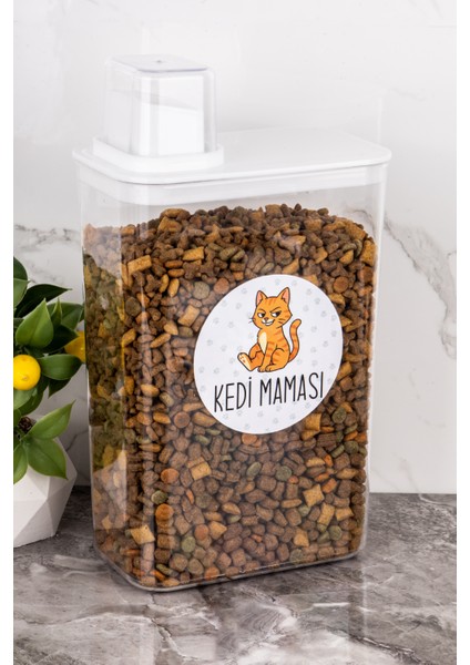 Sarı Akrilik Kedi Maması Saklama Kutusu, 3000 Ml, Kendinden Ölçekli, Dayanıklı, Şık