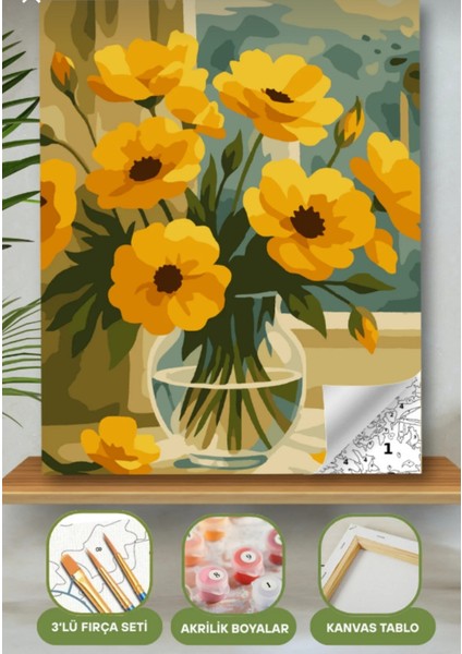 Sayılarla Boyama Seti 40X50 cm (Çıtalı) Fırça Boya Dahil Numaralı Tuval Cam Vazo Sarı Çiçek