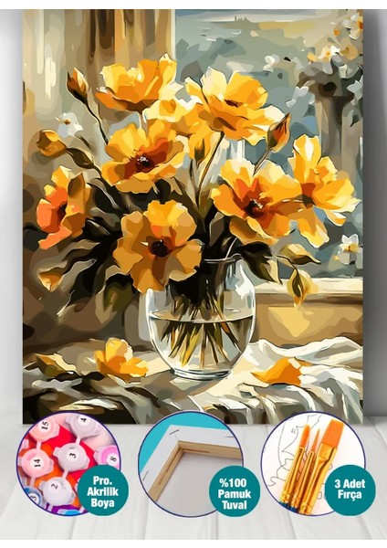 Sayılarla Boyama Seti 40X50 cm (Çıtalı) Fırça Boya Dahil Numaralı Tuval Cam Vazo Sarı Çiçek fırsatları