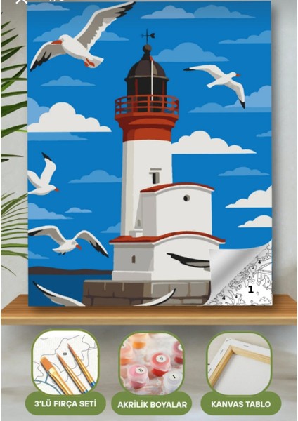 Sayılarla Boyama Seti 40X50 cm (Çıtalı) Fırça Boya Dahil Numaralı Tuval Fener Bulut Manzara
