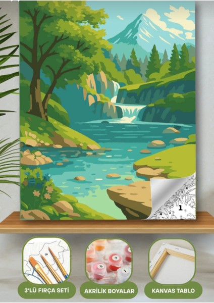 Sayılarla Boyama Seti 40X50 cm (Çıtalı) Fırça Boya Dahil Numaralı Tuval Nehir Manzara