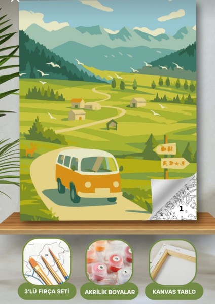 Sayılarla Boyama Seti 40X50 cm (Çıtalı) Fırça Boya Dahil Numaralı Tuval Sarı Araba Manzaralı