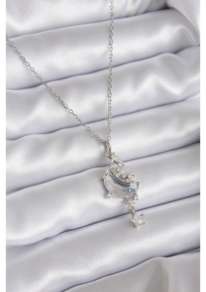 316L Çelik Zincir Gümüş Renk Zirkon Taşlı Ay Model Sallantı Yıldız Detay Kadın Kolye - TJ-BKO7807