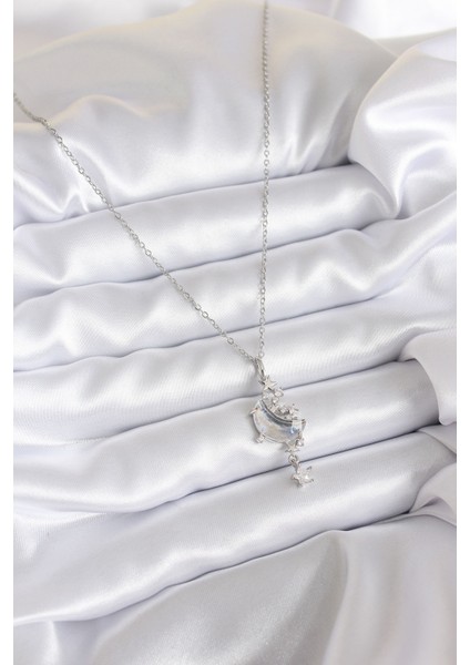 316L Çelik Zincir Gümüş Renk Zirkon Taşlı Ay Model Sallantı Yıldız Detay Kadın Kolye - TJ-BKO7807 fiyatları