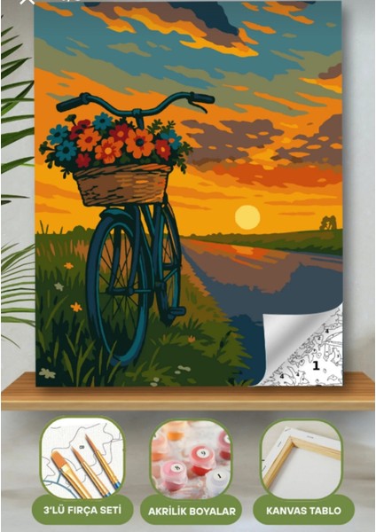 Sayılarla Boyama Seti 40X50 cm (Çıtalı) Fırça Boya Dahil Numaralı Tuval Bisiklet Dağ Manzaralı