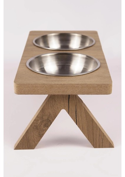 Ikili Ahşap Kedi Köpek Mama ve Su Kabı Standı Gri Çelik Mat 2'li modelleri