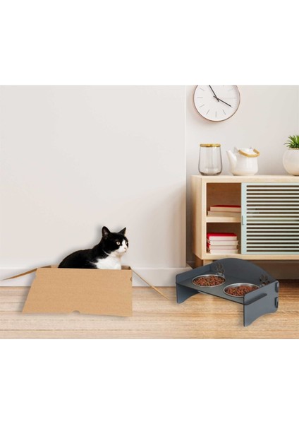 Füme Renkli Çelik Kedi Mama ve Su Kabı, Şık ve Dayanıklı Tasarım