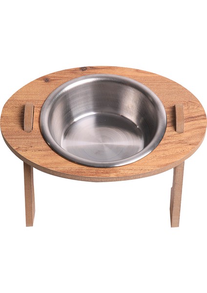 Gri Ahşap Eğimli Tekli Oval Mama ve Su Kabı Standı, 400 ml Çelik Kase