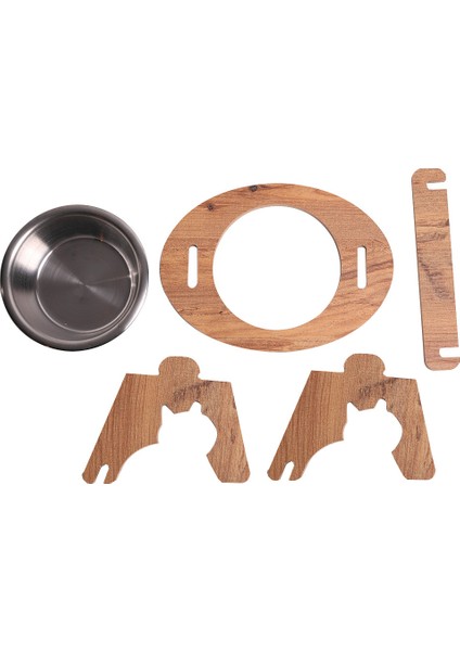 Gri Ahşap Eğimli Tekli Oval Mama ve Su Kabı Standı, 400 ml Çelik Kase