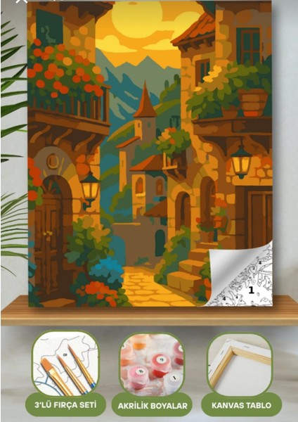 Sayılarla Boyama Seti 40X50 cm (Çıtalı) Fırça Boya Dahil Numaralı Tuval Renkli Binalar