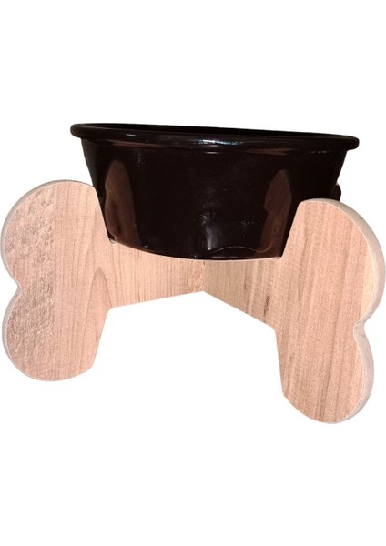 Seramik Büyük Köpek Mama ve Su Kabı, Ahşap Ayaklı, Siyah, 1000 ml