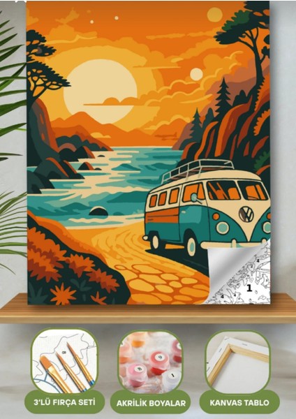 Sayılarla Boyama Seti 40X50 cm (Çıtalı) Fırça Boya Dahil Numaralı Tuval Mavi Araba Nostalji