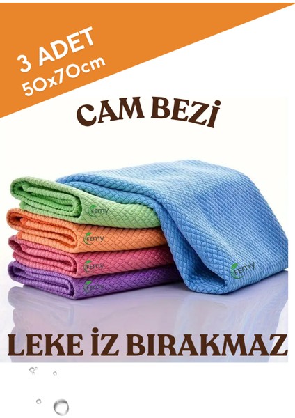 Baklava Desen Cam Bezi 3'lü Set 50X70 cm Battal Boy –kalın Dokulu, Ultra Emici, Iz Bırakmayan