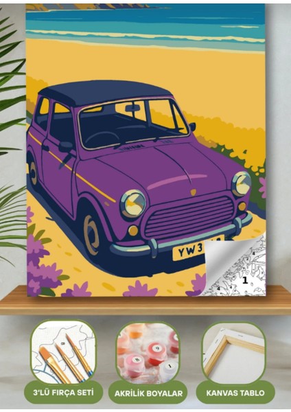 Sayılarla Boyama Seti 40X50 cm (Çıtalı) Fırça Boya Dahil Numaralı Tuval Mor Araba