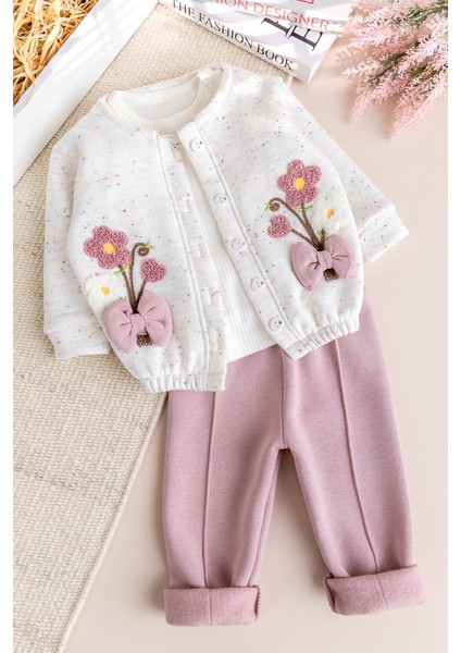 Kız Bebek Çocuk Hırkalı Üç Iplik Şardonlu Çiçek Işlemeli 100% Pamuk 3 Lü Takım Set