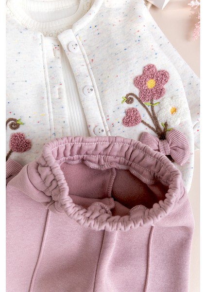 Kız Bebek Çocuk Hırkalı Üç Iplik Şardonlu Çiçek Işlemeli 100% Pamuk 3 Lü Takım Set fırsatları