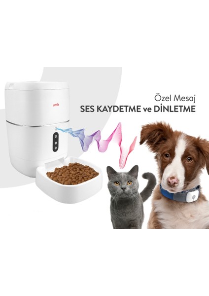 Sesli ve Wifi Destekli 6l Otomatik Evcil Hayvan Mama ve Su Kabı, Beyaz