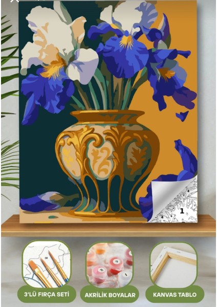Sayılarla Boyama Seti 40X50 cm (Çıtalı) Fırça Boya Dahil Numaralı Tuval Eskitme Vazo Mavi Çiçek
