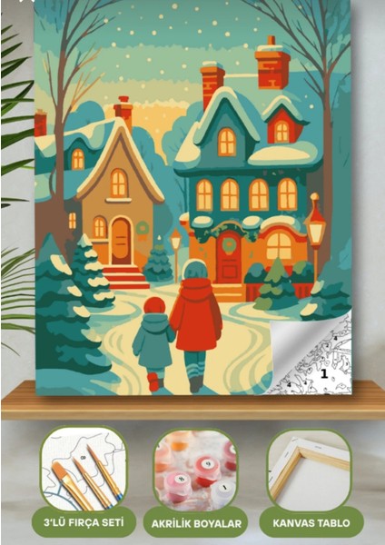 Sayılarla Boyama Seti 40X50 cm (Çıtalı) Fırça Boya Dahil Numaralı Tuval Kar'lı Sokaklar