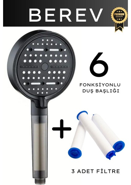 6 Fonksiyonlu Filtreli Duş Başlığı 3 Adet Yedek Filtre Su Tasarruflu Basınçlı Kireç Klor Önleyici