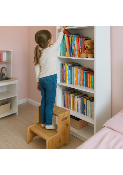 Momo Ahşap Basamak Tabure Çocuk Banyo Wc Lavabo Merdiven Yükseltici Eğitici Kaymaz Montessori