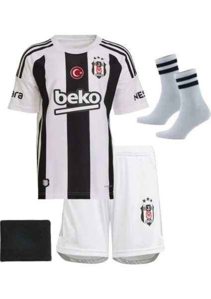 Beşiktaş 24/25 Sezon Isimsiz Iç Saha Çubuklu Siyah Beyaz Çocuk Forma Takımı 4 Parça Forma Şort Çorap Bileklik